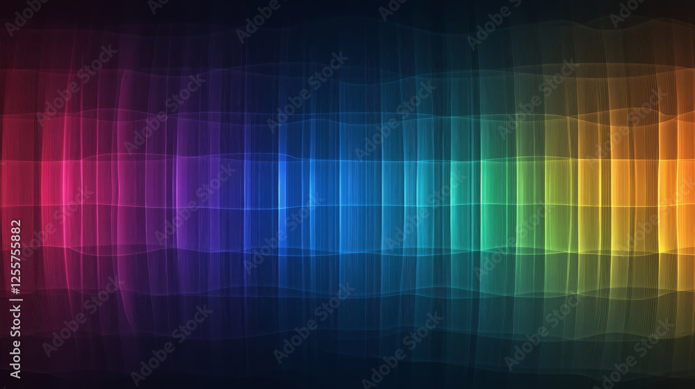 Poster vibrant geometric design featuring colorful waves in spectrum of hues, creating dynamic visual effec