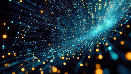 Naklejka premium Abstract digital visualization with glowing dots and lines creating a sense of depth in a dark background filled with colorful light patterns and energy flow