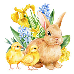 lovely bunny with yellow irises and blue hyacinths, watercolor easter rabbit with flowers and chicks for greeting card