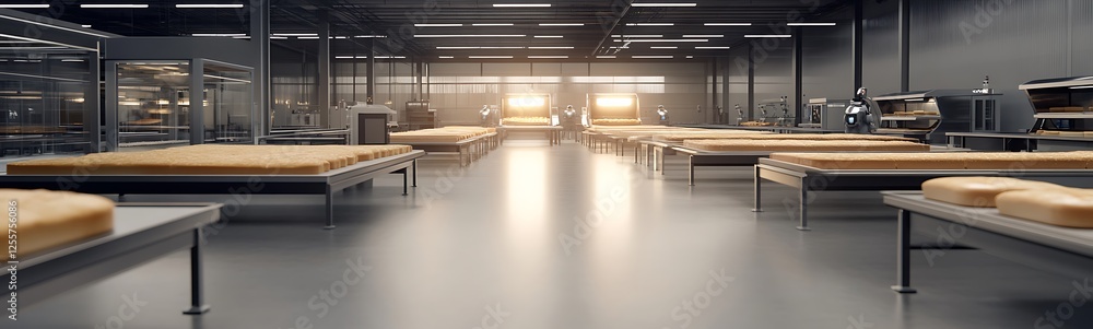 Poster a spacious, modern production facility features rows of tables, illuminated by sunlight, showcasing 