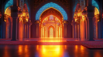 3D render of an Arabic themed product display background for advertisement featuring a moon stars and an Arabic lamp