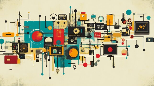 Creative representation of communication innovation over the decades showcasing the progression of tools strategies and audience engagement methods
