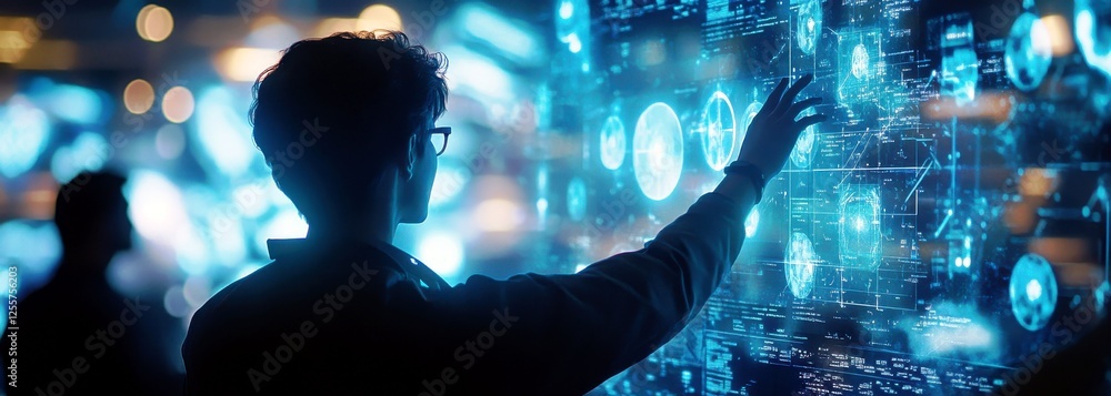 Poster man interacting with futuristic technology interface in dimly lit environment, representing innovati