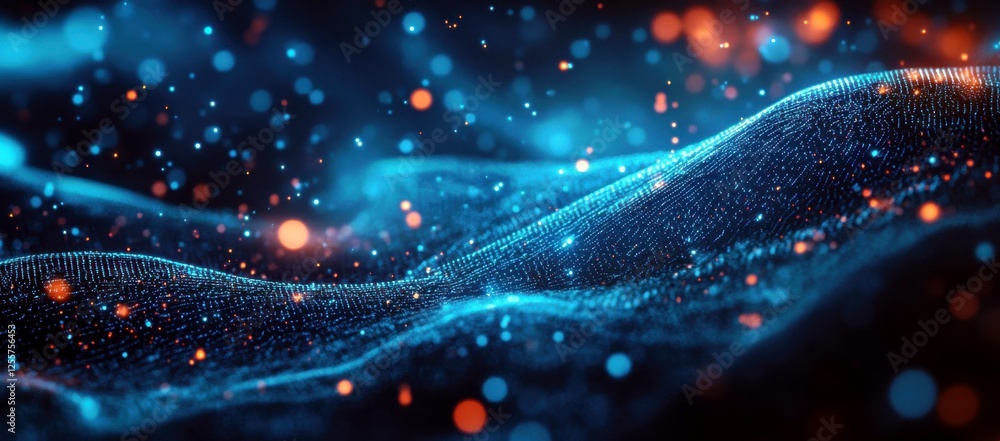 Poster abstract swirling blue particles creating a wave-like motion with sparkling lights in a futuristic d