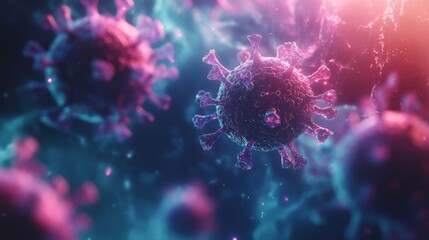 Microscopic Virus Cell 3D Rendering Pink Blue Glowing Particles Dark Background