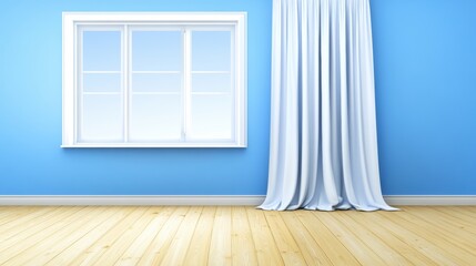 Bright Blue Interior Room with Window and White Curtains on a Natural Wood Floor