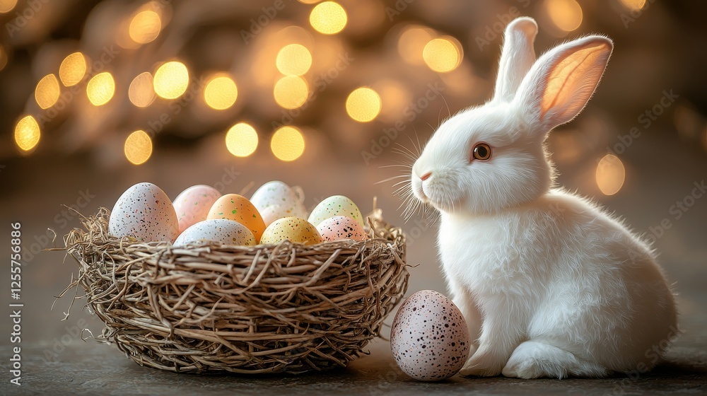 Poster white rabbit beside colorful easter eggs in a cozy setting with warm lights in the background