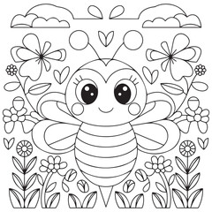 Cute kawaii cartoon character bee in the flower garden coloring page, vector printable worksheets for preschool.