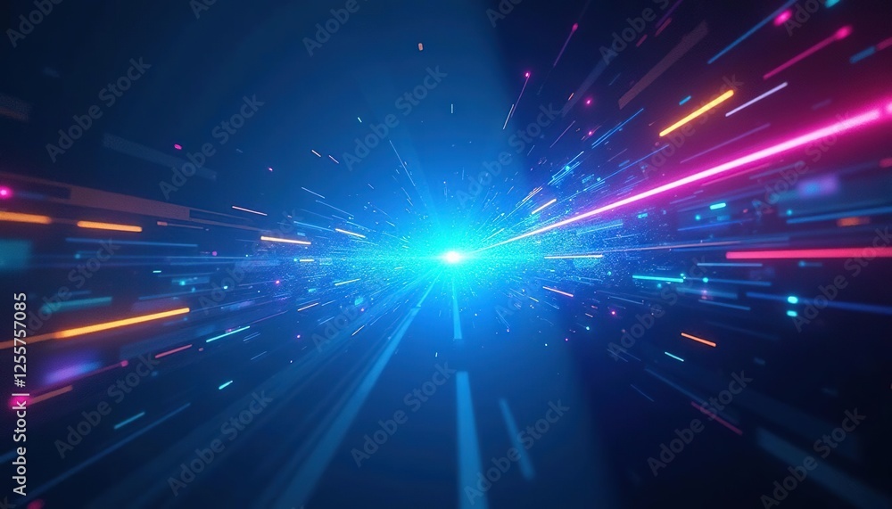 Poster Futuristic light beams and glowing trails in motion creating a tunnel effect with speed lines