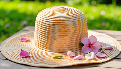 Sun hat resting on garden table surrounded by flower petals, spring garden planting