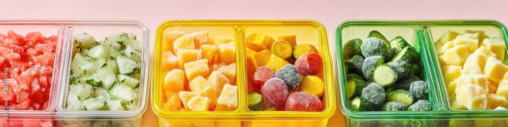 Poster assorted fruit displayed in plastic containers on a shelf