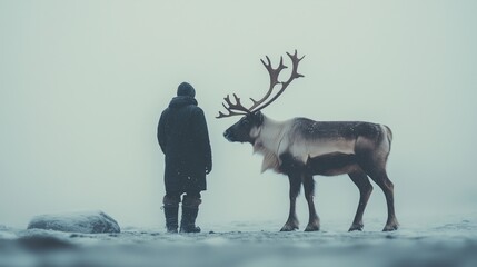 Minimalist winter scene: reindeer herder silhouette in serene snowy landscape