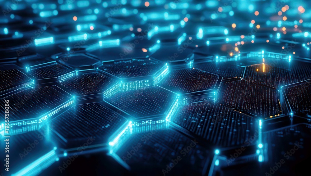 Poster futuristic glowing hexagonal pattern in digital technology with bright blue lights creating a vibran