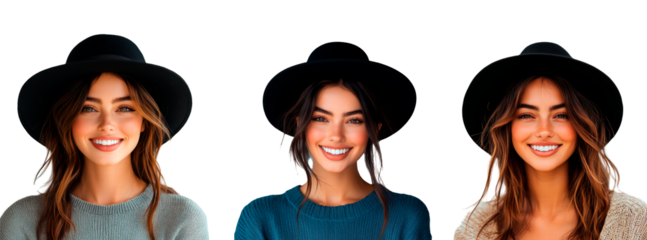 Set of portrait of smiling woman with black hat isolated on transparent background
