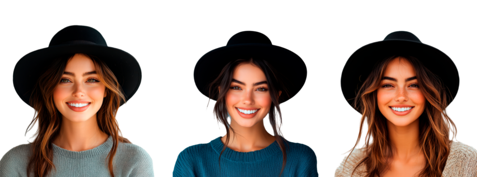 Set of portrait of smiling woman with black hat isolated on transparent background