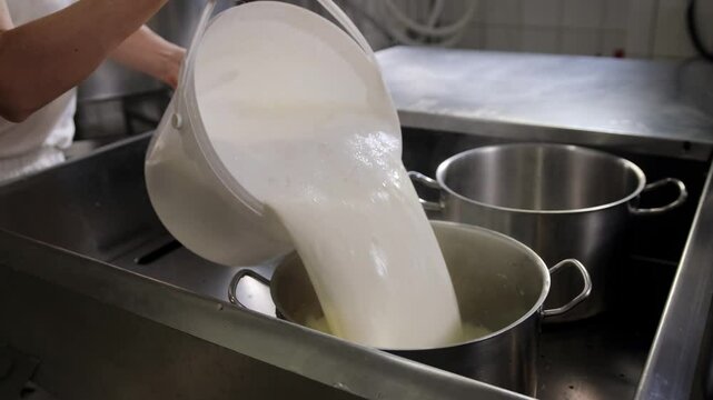 The cheese maker pours hot milk from a bucket into a saucepan to cool. Milk foam, the production of burrata, mozzarella and other soft cheeses at the cheese factory. Fresh, natural milk.