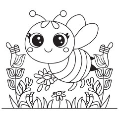 Cute kawaii cartoon character bee in the flower garden coloring page, vector printable worksheets for preschool.