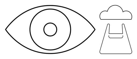 Eye with an inner circle alongside a UFO depicted beaming light, forming a face and cloud outline. Ideal for sci-fi themes, vision, perception, mystery, extraterrestrial life, imagination, curiosity