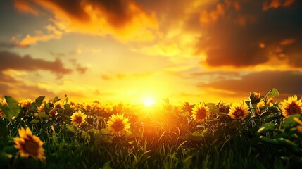 Fototapeta premium Vibrant Sunflowers Under a Golden Sunset in a Lush Field