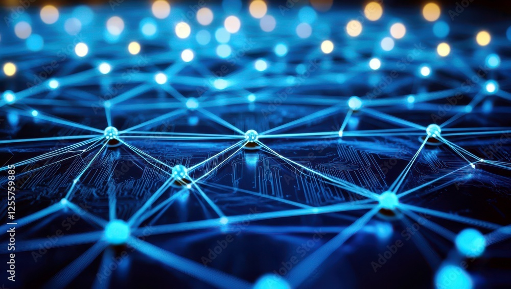 Poster abstract digital network visualization with blue glowing nodes and lines connected across a dark bac