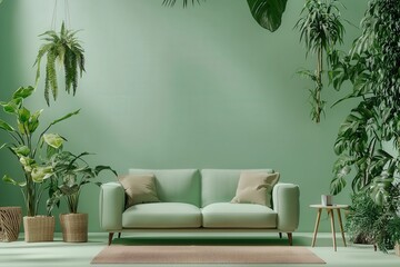 Stylish scandinavian living room interior with design mint sofa furnitures plants