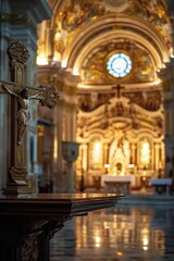Fototapeta premium A cross on the altar of a church with a beautiful stained glass window, providing a warm and peaceful atmosphere