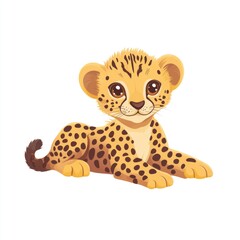 A young cheetah rests on the ground, showcasing its innocence and vulnerability