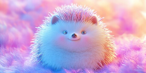 A cute 3D-rendered hedgehog curled into a soft pastel-colored ball, round and chubby, smiling gently, smooth shiny quills with pearlescent reflections