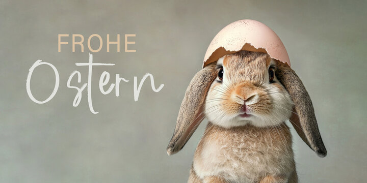 Frohe Ostern Konzept Feiertag Gru&szlig;karte mit deutschem Text - S&uuml;&szlig;er Osterhase, Kaninchen mit Osterei, Eierschale, isoliert auf braunem Hintergrund.
