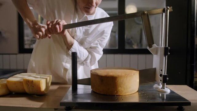 A woman in white cuts hard cheeses with a large industrial knife into small pieces to display on the counter. Slicing cheese for sale at a cheese factory.