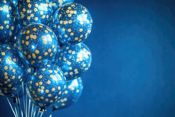A cluster of blue balloons with gold dots floating in the air