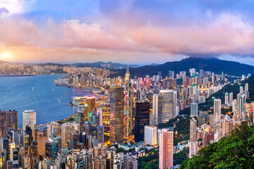 Hong Kong cityscapse at sunset.