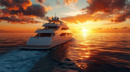 Obraz premium Luxury Yacht Sailing on Calm Waters During a Fiery Sunset, Creating a Picturesque Scene of Opulence and Natural Beauty with Vibrant Colors and Dynamic Water Movement.