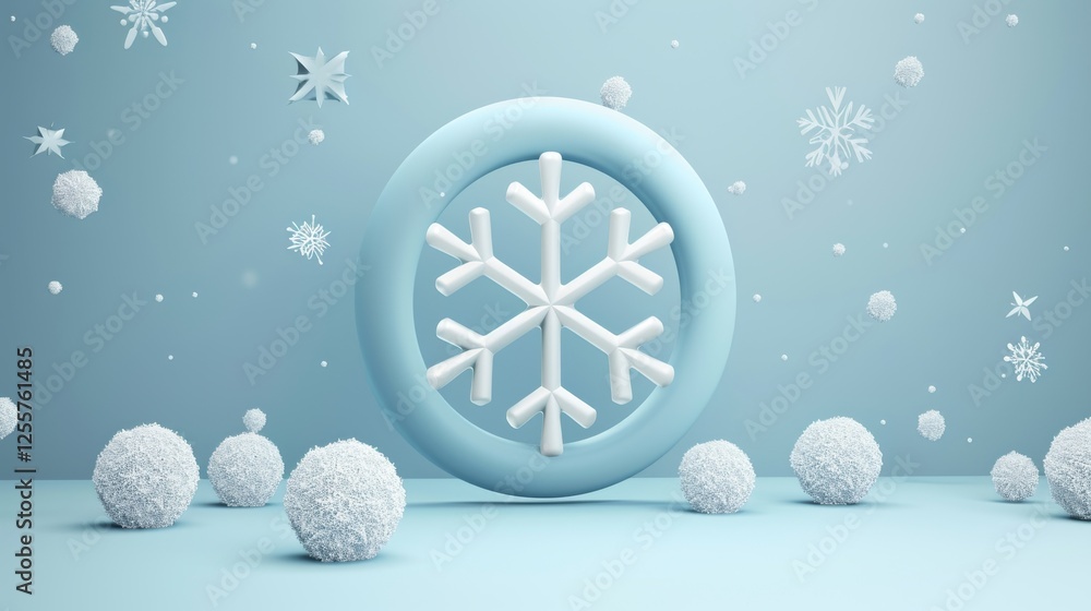 Poster a 3d-rendered snowflake surrounded by textured snowballs and floating snowflakes in a serene blue se