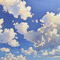 Bright blue sky filled with puffy, stylized white clouds, creating a serene and airy atmosphere -ai