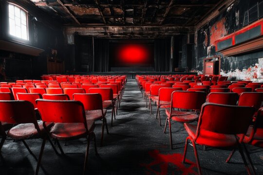 A mysterious, eerie commencement ceremony in an old, abandoned academy, where shadows linger around the stage