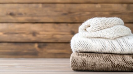 Stacked warm sweaters on wood, autumn background, cozy home feel, lifestyle imagery
