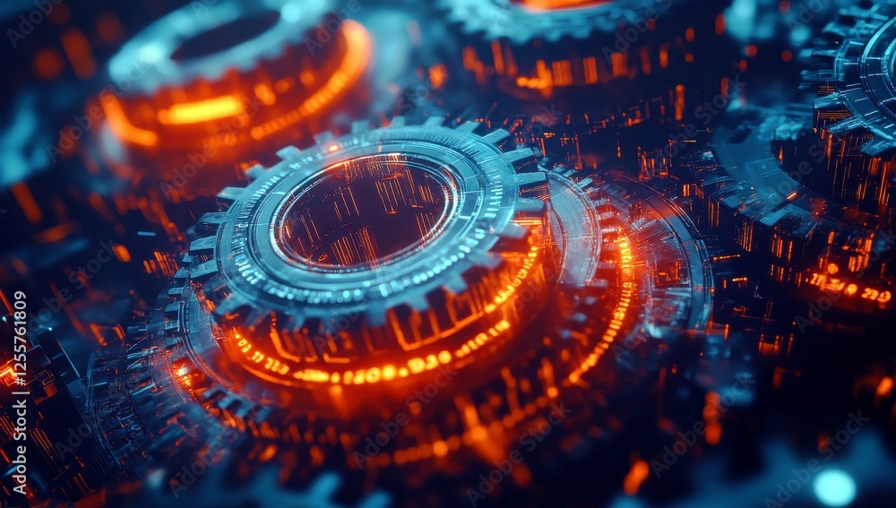 Poster intricate close-up of glowing mechanical gears with digital elements, displaying a blend of technolo