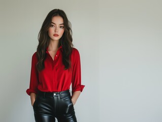 Modern fashion inspiration featuring fit female in black leather pants and ruby shirt