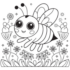 Cute kawaii cartoon character bee in the flower garden coloring page, vector printable worksheets for preschool.