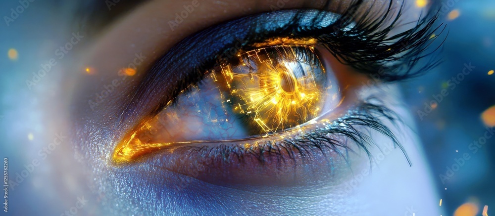 Poster close-up of an enigmatic eye with luminous golden glow and intricate digital patterns symbolizing te