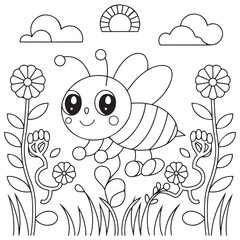 Cute kawaii cartoon character bee in the flower garden coloring page, vector printable worksheets for preschool.