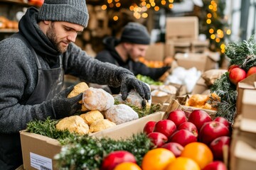 A nonprofit organization staff distributing food and supplies to people in need
