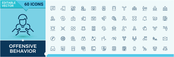 Set of Offensive Behavior line icons. It contains symbols to violence, social, equality, public, Harassment, offend, abuse and more. Set of line pictogram. Editable vector stroke.