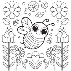 Cute kawaii cartoon character bee in the flower garden coloring page, vector printable worksheets for preschool.