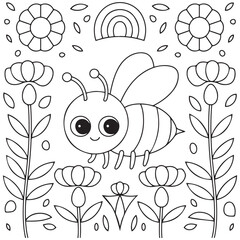 Cute kawaii cartoon character bee in the flower garden coloring page, vector printable worksheets for preschool.