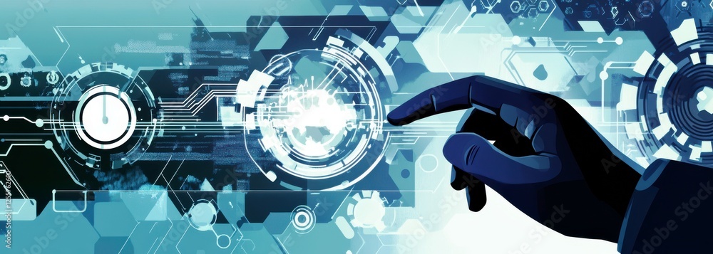 Poster futuristic technology interface with hand interacting, abstract digital background of circuits and g