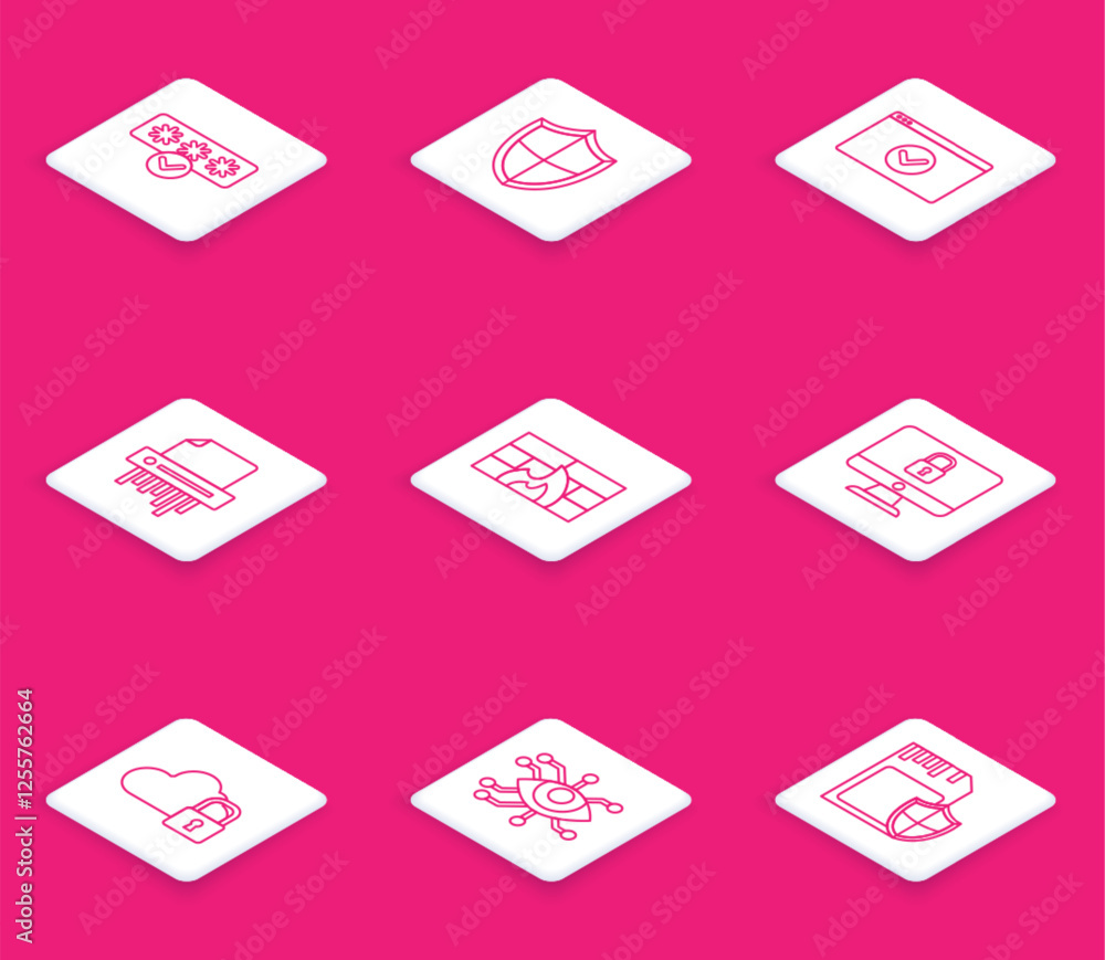 Poster set line password protection and safety access, ssl, paper shredder confidential, firewall, security
