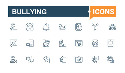 Bullying icons set in linear style. Contains related to harassment, on, disgust, man, abuse and more. Simple line vector. Vector icons editable stroke.