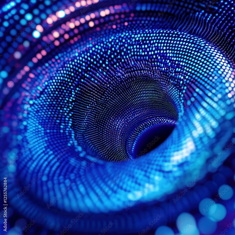 Poster abstract 3d rendering of a digital tunnel filled with blue and purple dots, creating a mesmerizing v
